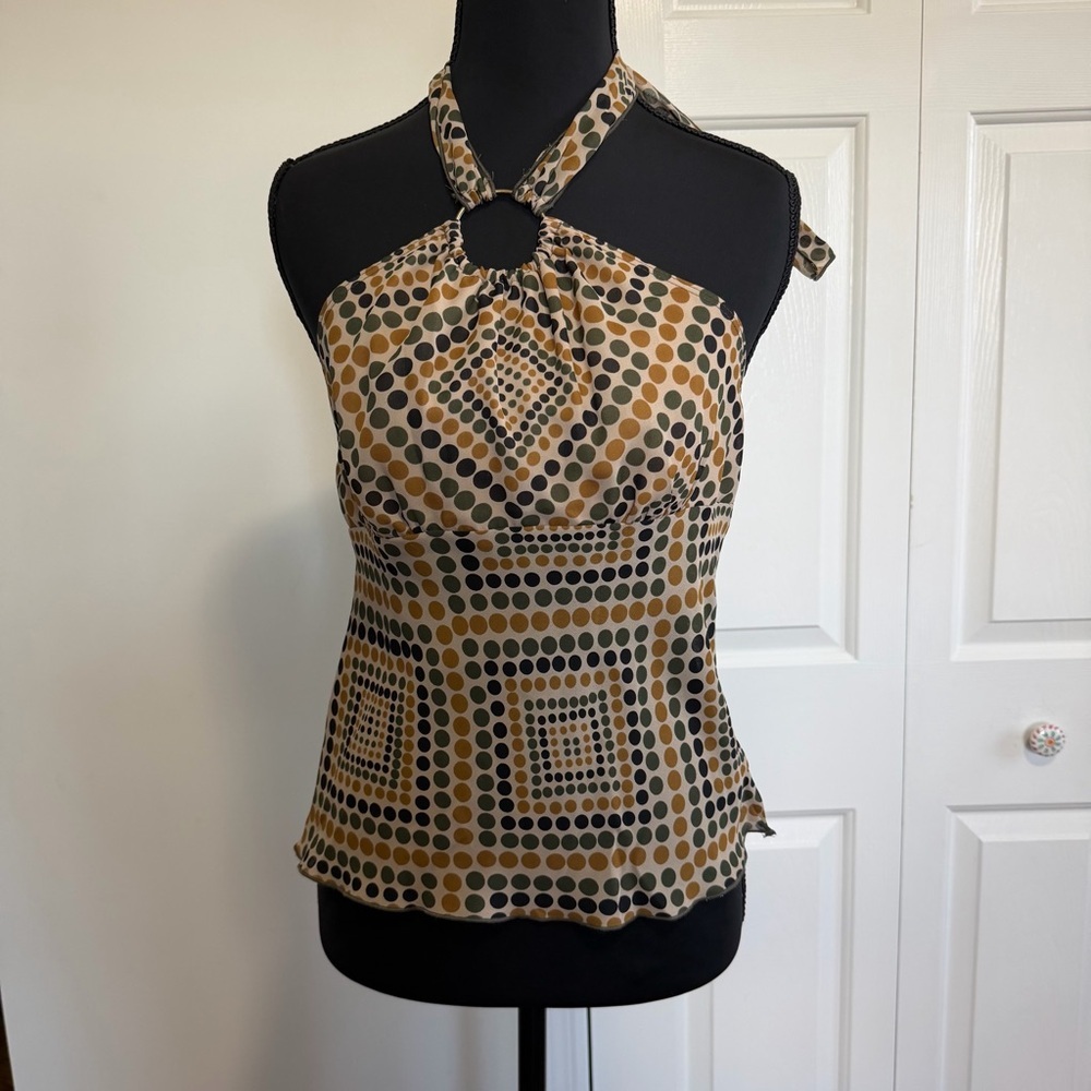 Heart Soul Dotted Halter Top Green Tan Black Size Small